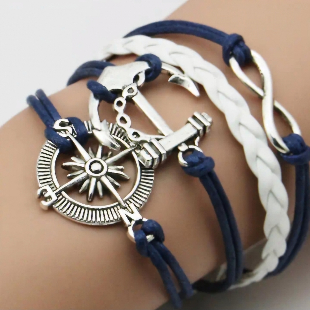 Nautical bracelet beautiful navy & white adorned with silver Anchor,♾️,Compass.